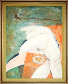 Mixed Media Painting, Male and Female Nudes Entwined with Tarts on a Plate, 1974