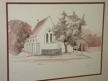 Pen and wash, Noelene Willis, Christ Church, Keilor, 1990
