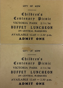 Two tickets to the Children's Centenary Picnic, Victoria Park, 1934