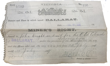 Document, Miners' Right issued to John Wiight in Trust for the Old Colonists' Association of Ballarat, 21/07/1906