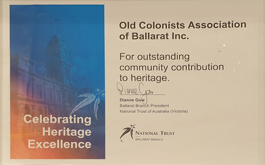 Certificate - Award, National Trust of Victoria (Ballarat Branch), Ballarat Heritage Award for Outstanding Community Contribution to Heritage, 2023