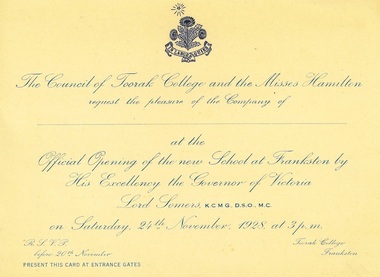 Invitation, Official Opening of the new school at Frankston, 1928