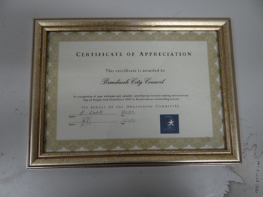 Certificate - Certificate of Appreciation, framed, Certificate of Appreciation - People with disabilities 2002, 2002