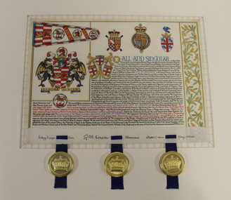 Letters Patent, Letters Patent for the Grant of Arms to the City of Caulfield presented on 1st May, 1977, 01/05/1977