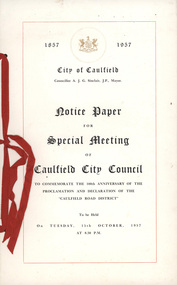 Notice, Arbuckle Waddell Pty Ltd, "Notice Paper for Special Meeting of Caulfield City Council", c. 1957