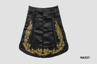 Black satin apron with hand painted border.  Two buttons at waist.
