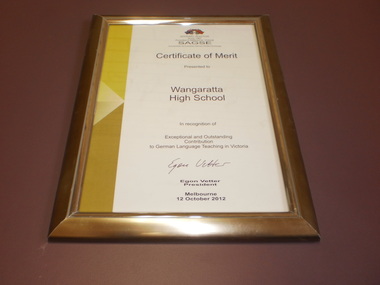 WHS Framed Certificate, 2011-2012