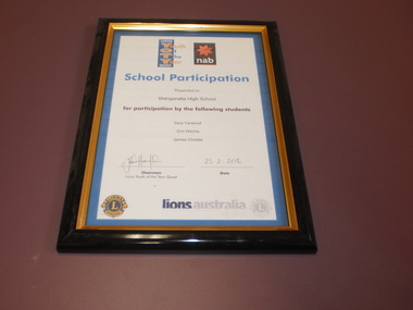 WHS Framed Certificate, 2009, 2012