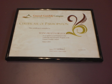 WHS Framed Certificate, 2009-2010