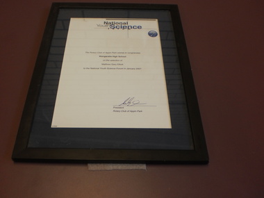 WHS Framed Certificate, 2007