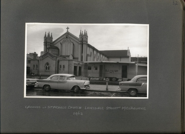 Photograph, X-ray caravan on the grounds of St Francis Church Lonsdale St 1962 - Department of Health - Tuberculosis Branch - Chest X-Ray Surveys program