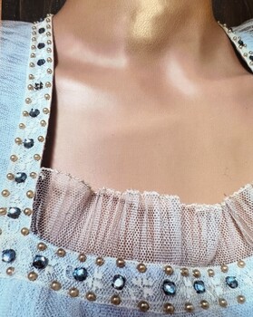 Neckline Detail blue and pearl beads