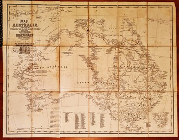 Old map of Australia showing the routes of explorers and their discoveries with detailed index.