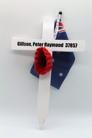 White Commemorative Cross, with red poppy and miniture Australian flag.
