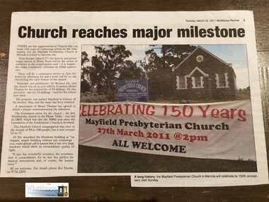 Memorabilia - paper, Mayfield Presbyterian Church, Mernda, 150 years Anniversary Memorabilia
