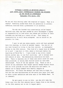 Document - Speech, Governor's Address at Melbourne Legacy's 60th Annual ANZAC Commemoration Ceremony for Students 1991, 1991