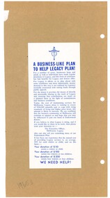 Pamphlet, Flyer: A business-like plan to help Legacy Plan, 1960s