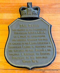 Plaque, Bronze Plaque, thanking the Ladies of the Camberwell RSL Sub Branch for all their efforts looking after veterens from WW2. 1950, 1950