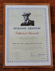 Certificate, Certificate of Achievement for Operation Gratitute, presented to the Camberwell RSL in March 1957 by General Sir Dallas Brooks KCB, KCMG, KCVG, CMG, DSO. K of J, 1957