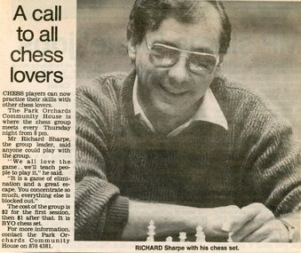 Newspaper, Chess group at Park Orchards Community House with leader Richard Sharpe. Doncaster and Templestowe News November 1988