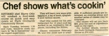 Newspaper, Cooking classes at Park Orchards Community House, with chef Harry Otto. Doncaster and Templestowe News 1989