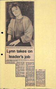 Newspaper, Lynn Upham of Park Orchards first female president of Leos Club. Circa 1983