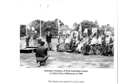 Laminated photo, Opening ceremony of first Australian Games at Albert Park, 1960