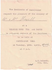 Invitation, tea and dance, World War II, Mannibadar