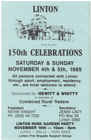 Pale blue card programme for Sesquicentenary celebrations, 1989.