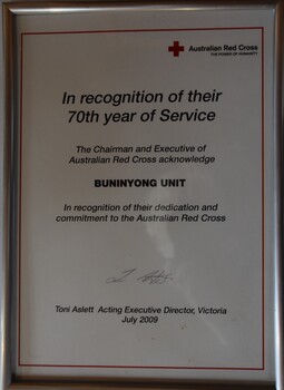 Australian Red Cross Certificate of Appreciation to the Buninyong Unit 2009