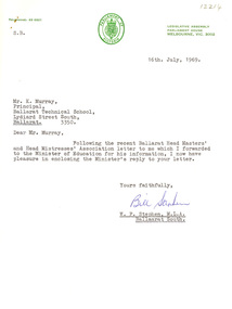 Document, Correspondence relating to teacher training and Ballarat Schools, 1969