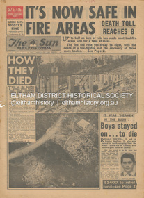 Newspaper - Newspaper articles, Sun News-Pictorial, It's Now Safe in Fire Areas; Death Toll Reacxhes 8, The Sun News-Pictorial, Thursday, January 18, p1, 1962