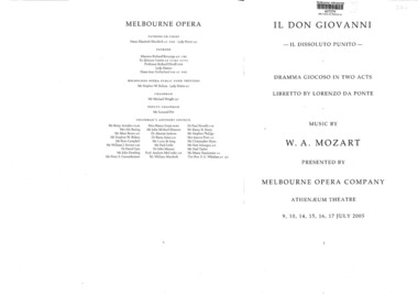 Theatre Program, Don Giovanni (opera) performed at Athenaeum Theatre commencing 9 July 2005, presented by Melbourne Opera Company