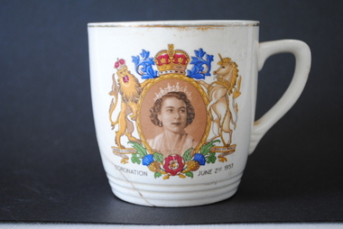Souvenir Mug for Coronation June 2nd 1953, C.P.L, Coronation Souvenir - Queen Elizabeth II, Estimated 1953