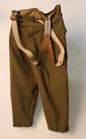 Uniform - Australian Amny pants, Army issue green wool pants with leather braces attached