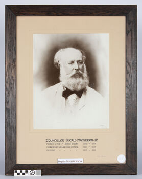 A large framed photograph of Ballan Shire Councillor Dugald Macpherson covering the period 1862 to 1880.