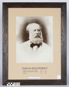 A large framed photograph of Ballan Shire Councillor Dugald Macpherson covering the period 1862 to 1880.
