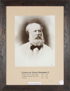 A large framed photograph of Ballan Shire Councillor Dugald Macpherson covering the period 1862 to 1880.