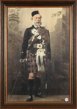 A large framed portrait of Dugald Macpherson dressed in highland regalia.