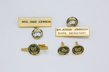 Personal name badge, cuff links and tie pin belonging to Jeremy Johnson, Ballan Shire Secretary