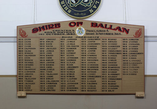 A large memorial board listing all the Presidents of the Ballan Shire.