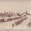Sepia coloured photograph of a parade of light horsemen riding along a quiet street toward the bottom left of the photo. The street is lined with businesses, from which a couple of people watch the parade. There is writing in red pen along the bottom border.