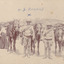 Three soldiers and three horses facing towards camera. Civilians standing in background.Text "H.G Ronald" written on image.