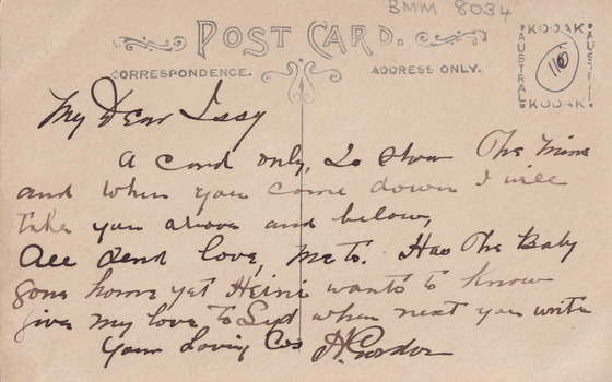Back of a postcard with handwritten text (see transcript).