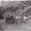 Seven miners and a horse and cart are depicted in front of mine a dug out hill. Five men stand alongside the horse facing the camera, one man sits up the hill with a dog, and a final man stands higher. Six of the men lean against a pick or shovel, and six wear hats. Broken rocks from the cliff are depicted strewn around the ground.