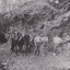 Seven miners and a horse and cart are depicted in front of mine a dug out hill. Five men stand alongside the horse facing the camera, one man sits up the hill with a dog, and a final man stands higher. Six of the men lean against a pick or shovel, and six wear hats. Broken rocks from the cliff are depicted strewn around the ground.