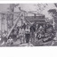 A black and white rectangular photograph depicting 21 separate men, either standing or sitting around a wooden structure.
