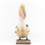 Pelican standing on a wooden platform looking to front