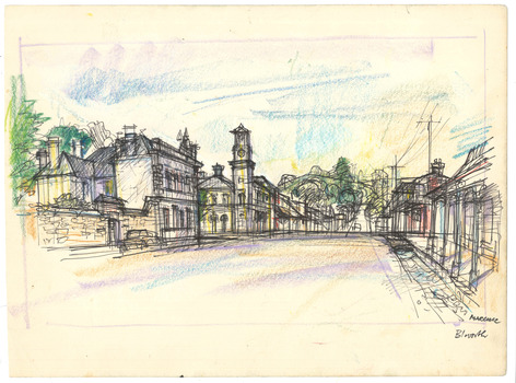 Drawing of the intersection between Camp Street and Ford Street of the town of Beechworth in Victoria, Australia.  