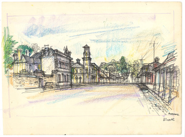 Drawing of the intersection between Camp Street and Ford Street of the town of Beechworth in Victoria, Australia.  